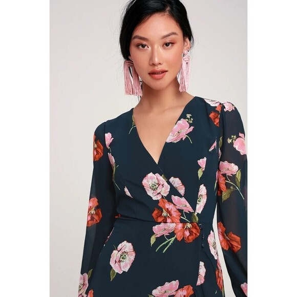 LULUS In Full Bloom Navy Blue Floral Print Long Sleeve Mini Dress Size Small - Picture 4 of 11